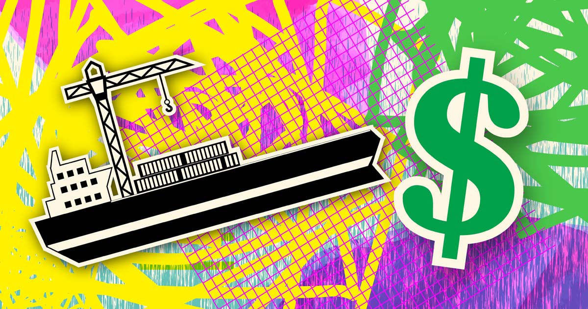 A loud, noisy, neon illustration of a container ship and a large dollar sign, meant to pair with discussion of tariff costs on non domestic products